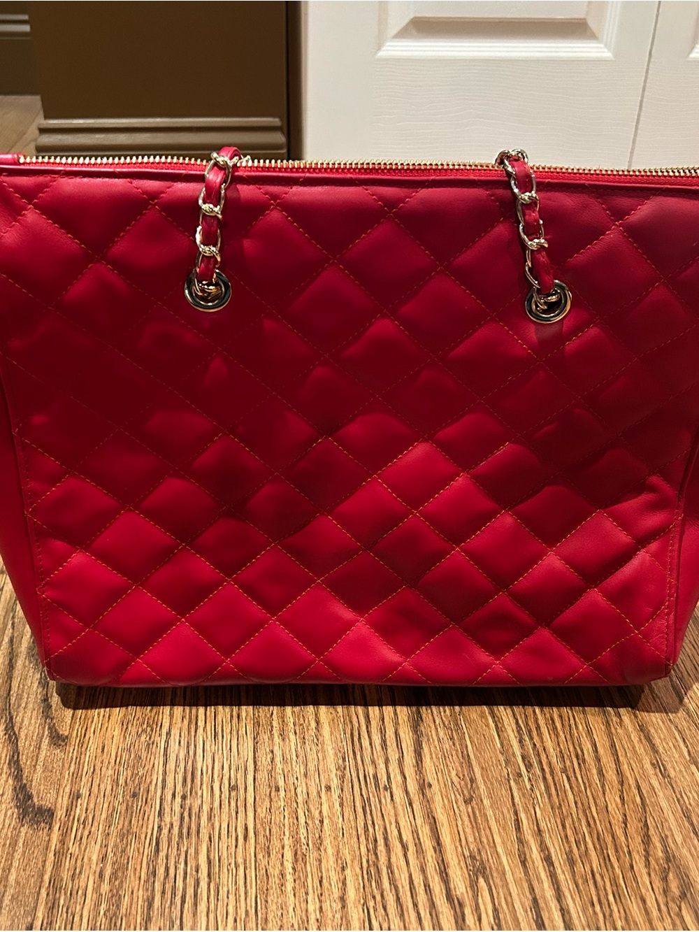 Quilted Red Tote with Gold Chain Handles